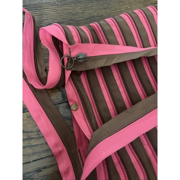 ZIP IT Tote Purse Bag One Long Zipper Handle Pink Brown Zipit‎ Zipper Satchel - Picture 4 of 7